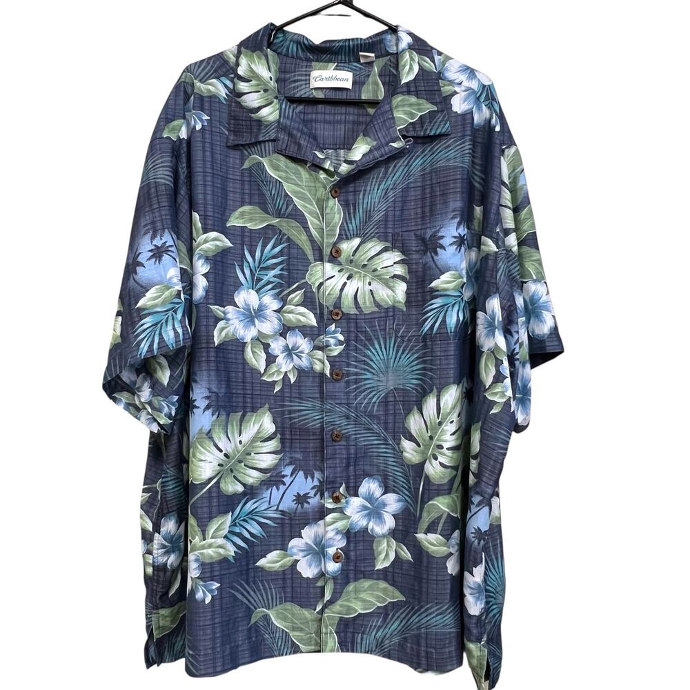Caribbean 4XB Hawaiian Camp Shirt Blue Tropical Leaf Button Front Big Modal
